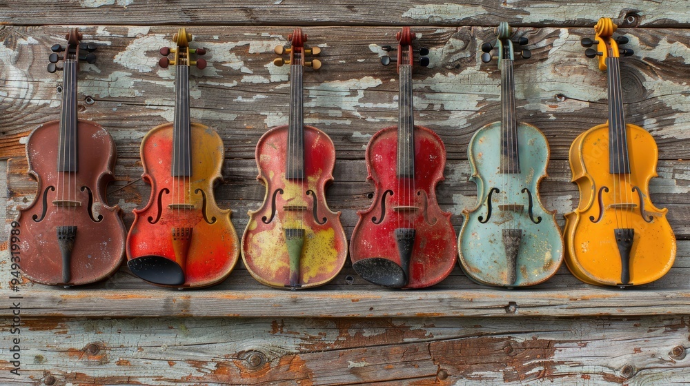 Fototapeta premium Frame of different musical instruments on wooden background 