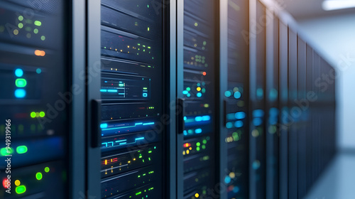 Secure Server Rack with Blinking Lights -  A Close-Up View of a Server Room's Powerful Technology photo