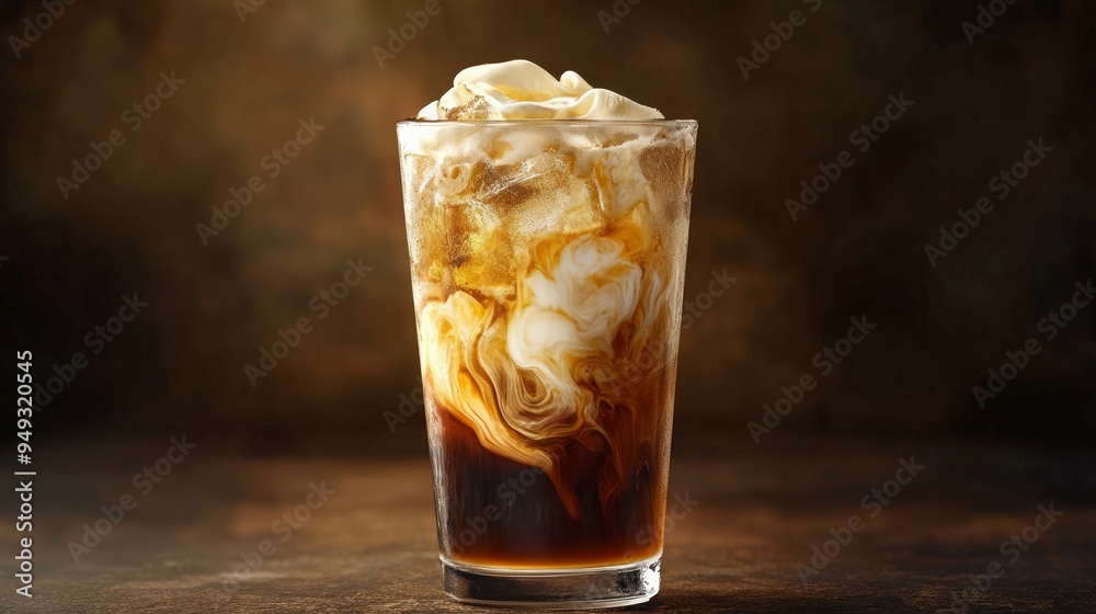 Refreshing iced coffee in a tall glass with swirling cream, set against a rustic background. Perfect for summer or a caffeine boost.