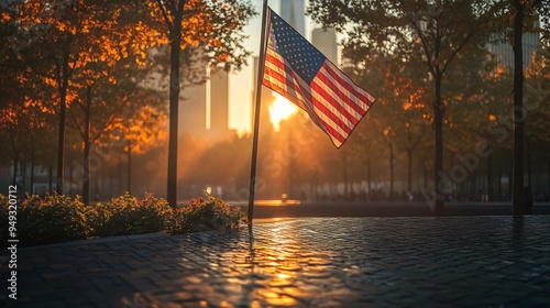 Ground Zero Memorial during sunset with an American flag gently blowing in the wind