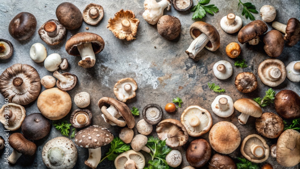 Obraz premium Assortment of Fresh Edible Mushrooms on Rustic Background