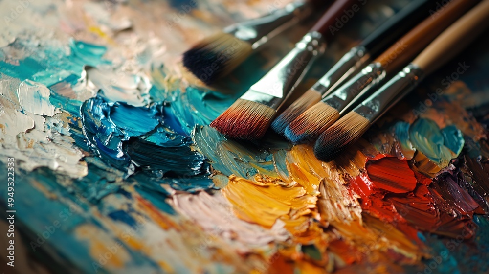 Closeup of an artists palette with vibrant colors and brushes ready for a painting Closeup of an artists palette with vibrant colors and brushes ready for a painting