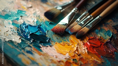 Closeup of an artists palette with vibrant colors and brushes ready for a painting