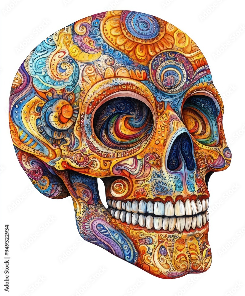 Naklejka premium A colorful, intricately designed skull with swirling patterns and vibrant colors.