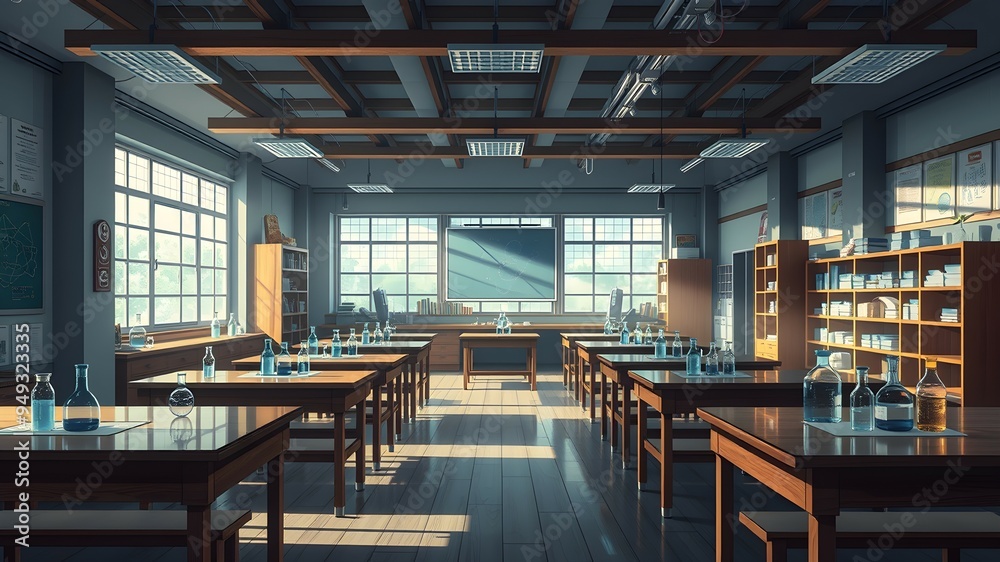 A traditional school science lab filled with wooden tables A traditional school science lab filled with wooden tables