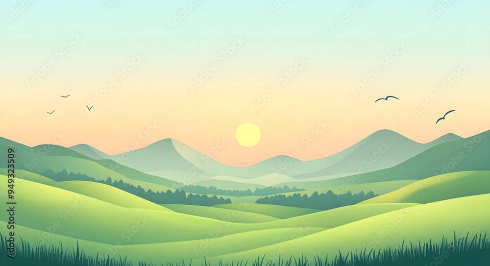 A Flat Vector Illustration of Green Hills and Meadows with a Simple and Vibrant Design, Capturing the Beauty of Nature in a Minimalist Style, Ideal for Themes of Outdoor Scenery, Environmental Design, A Flat Vector Illustration of Green Hills and Meadows with a Simple and Vibrant Design, Capturing the Beauty of Nature in a Minimalist Style, Ideal for Themes of Outdoor Scenery, Environmental Design,