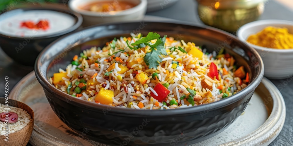Vegetable pulav made with toasted rice combined with nuts, fruits, and aromatic rice, accompanied by a zesty yogurt sauce. Vegetable pulav made with toasted rice combined with nuts, fruits, and aromatic rice, accompanied by a zesty yogurt sauce.