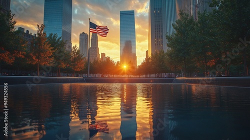 The American flag at Ground Zero reflecting in the memorial pool at dawn with a serene atmosphere