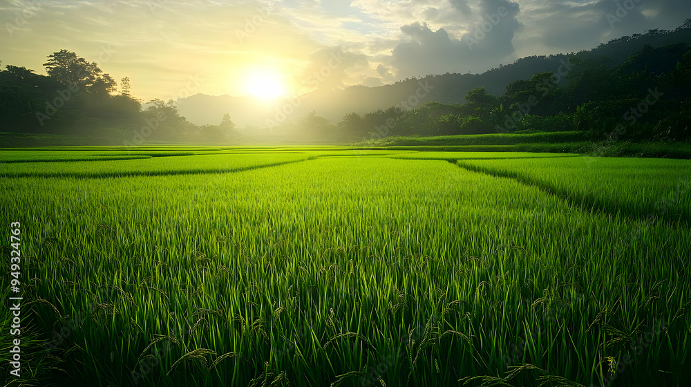 Sunrise Over Lush Green Rice Paddy Fields in the Countryside Sunrise Over Lush Green Rice Paddy Fields in the Countryside