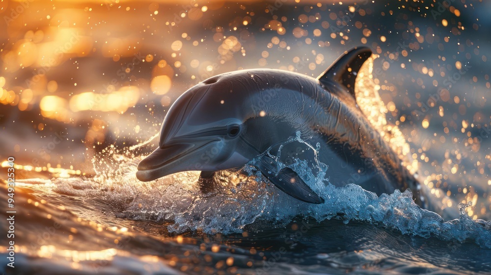 Fototapeta premium Adorable baby dolphin leaping joyfully out of the water,