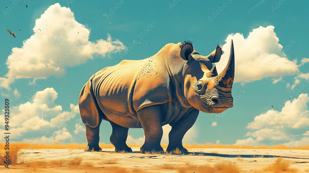 Fototapeta premium Rhino Stands Tall in the African Savanna Under a Blue Sky with Fluffy Clouds