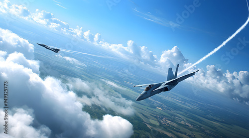 A Photorealistic Shot of an F-20 Jet Flying Through the Clouds at High Speed, Capturing the Power and Precision of Modern Military Aviation, Showcasing the Jet’s Sleek Design and Aerodynamic Structure photo