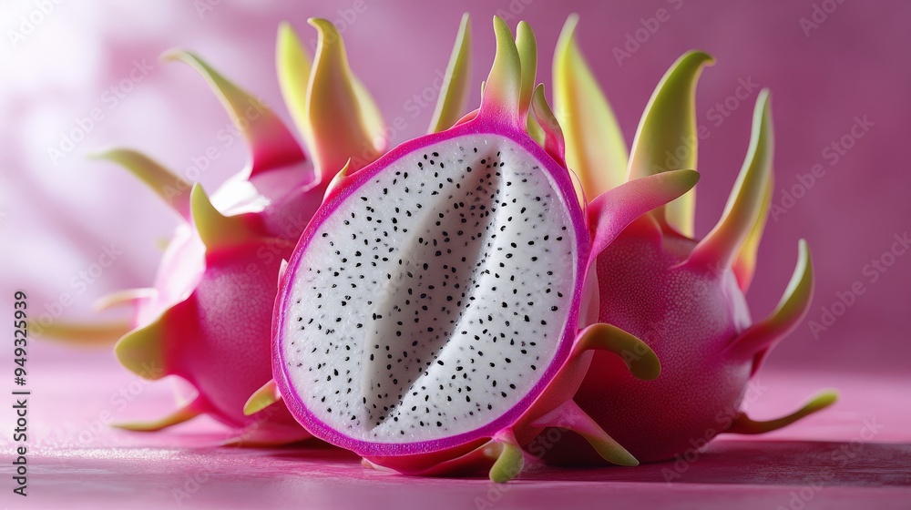 Vibrant dragon fruit with pink skin and white flesh, showing the fruit's intricate details against a pink background. Vibrant dragon fruit with pink skin and white flesh, showing the fruit's intricate details against a pink background.