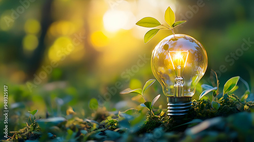 Light Bulb Glowing in Nature with Green Plants, Symbol of Renewable Energy, Sustainable Living, and Environmental Protection