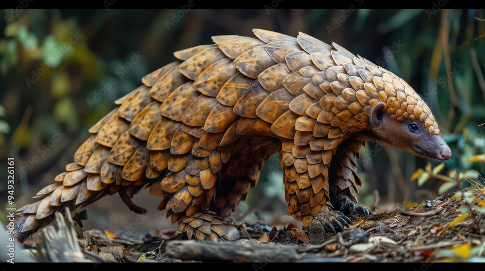 A pangolin with a coat covered in pine cones, walking through the forest. A pangolin with a coat covered in pine cones, walking through the forest.