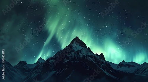 Stunning night sky with the Northern Lights over a snow-capped mountain peak under a starry sky, creating a breathtaking natural phenomenon.