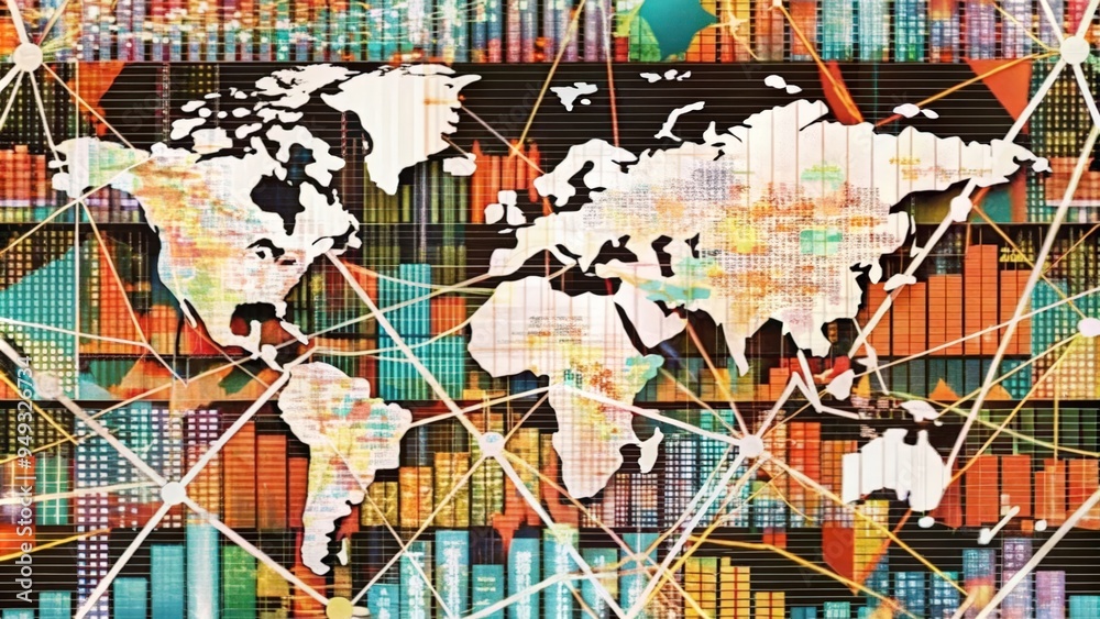 Obraz premium World Map Overlaid with Interconnected Bar Graphs and Lines