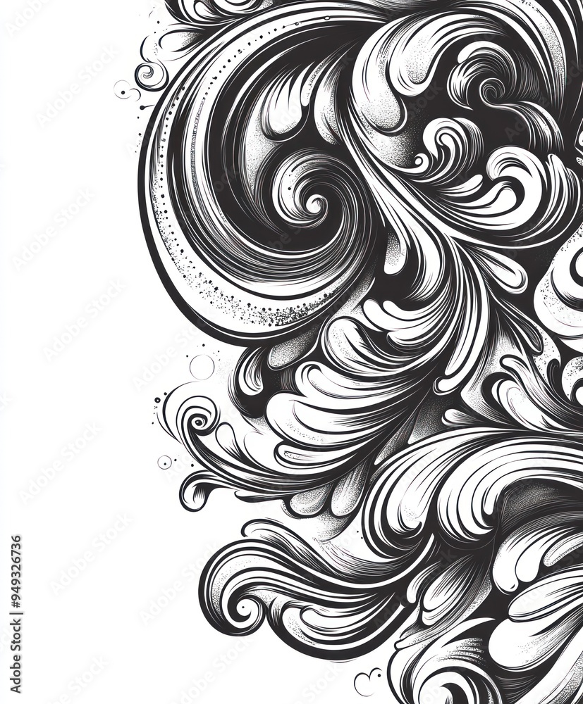 A detailed black and white illustration featuring swirling, ornate patterns.