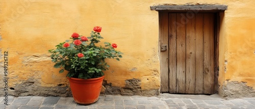 Orange Roses in a Pot Against a Yellow Wall with a Wooden Door