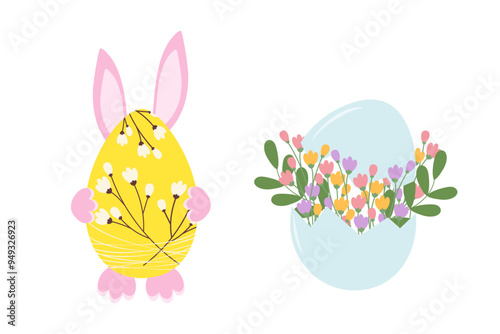 Easter bunny behind decorative egg and floral bouquet in cracked eggshell Set of 2 Isolated design