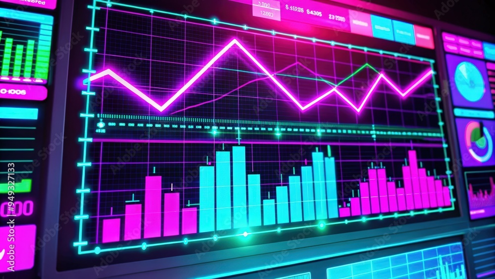 Fototapeta premium Neon-lit Financial Data Display with Line and Bar Graphs