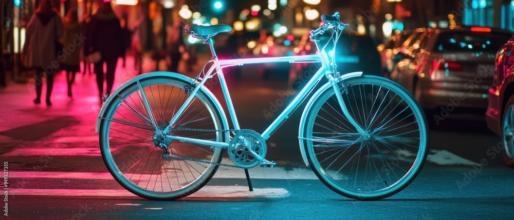 Fototapeta premium A Single Bicycle Parked on a City Street at Night