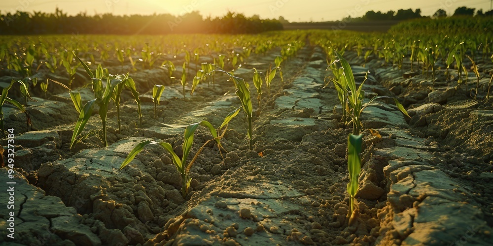 Naklejka premium Corn plants wither and soil cracks after weeks of no rain