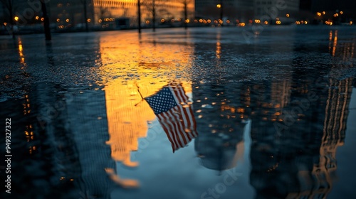 Ground Zero Memorial with an American flag reflecting in the water as the sun sets