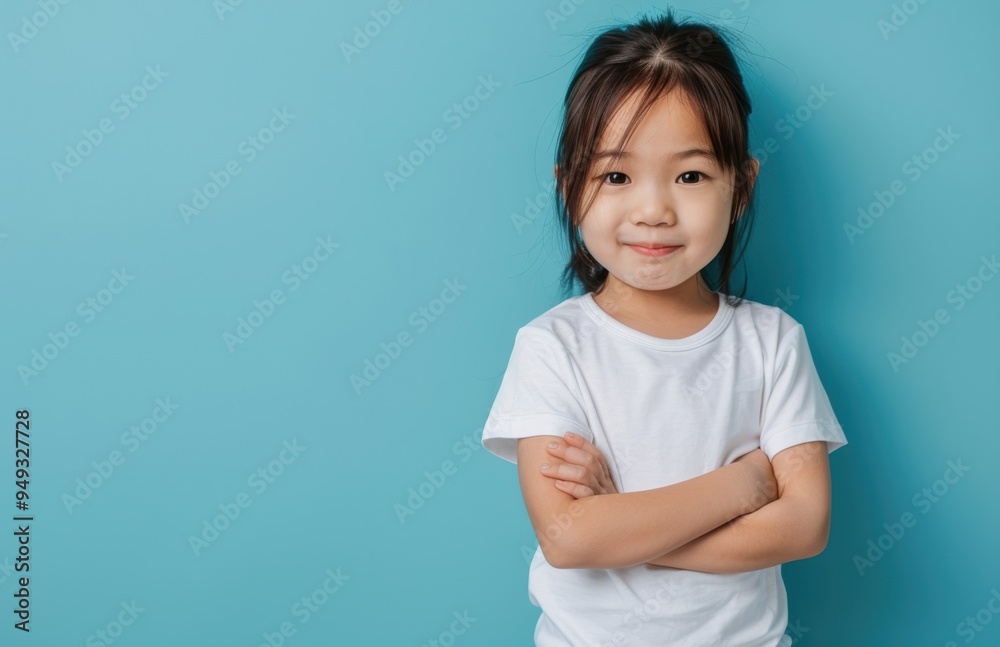 A smiling young girl with dark hair and a white shirt stands against a teal background with her arms crossed. Her bright eyes and happy expression convey a sense of joy and charm. A smiling young girl with dark hair and a white shirt stands against a teal background with her arms crossed. Her bright eyes and happy expression convey a sense of joy and charm.
