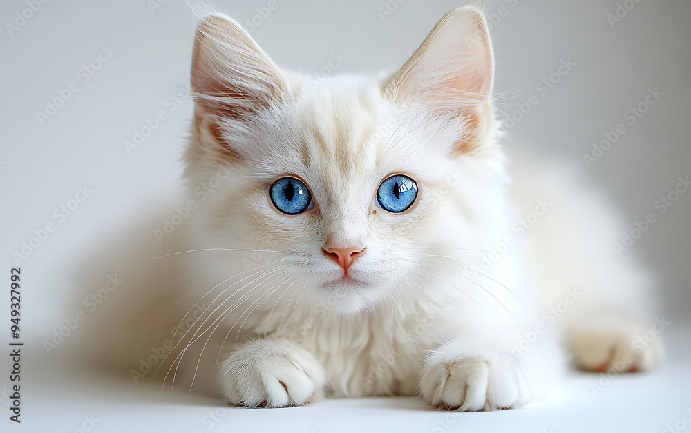 White Kitten Lying on White Background with Copy Space White Kitten Lying on White Background with Copy Space