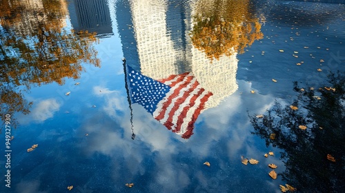 The American flag reflecting in the Ground Zero Memorial pool during a serene September day