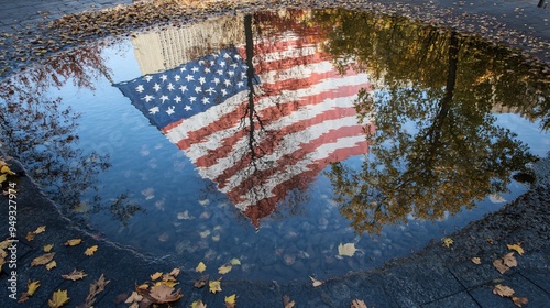 The American flag reflecting in the Ground Zero Memorial pool during a serene September day