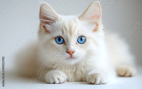 White Kitten Lying on White Background with Copy Space