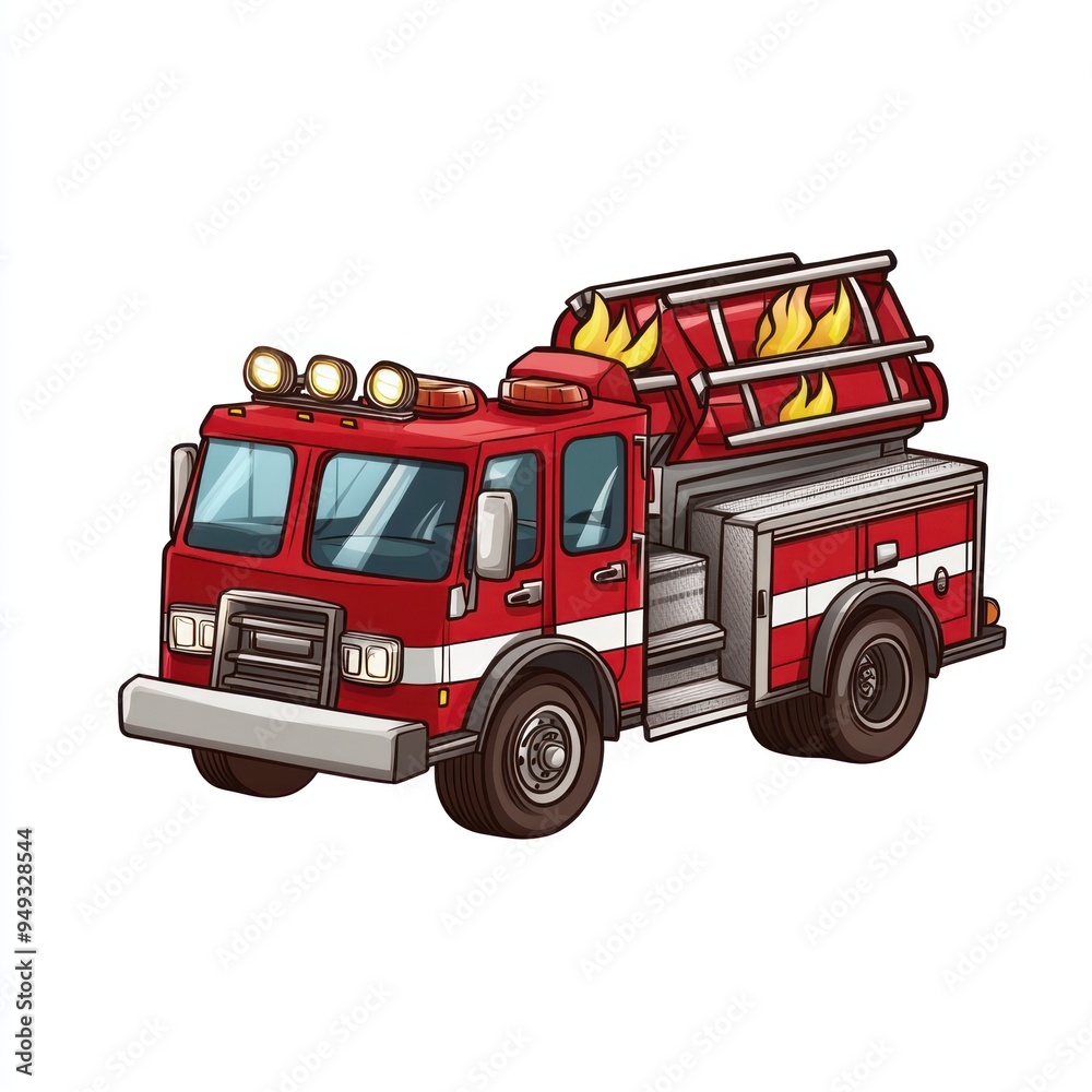 Cartoon Illustration of a Red Fire Truck with a Ladder and Fire ...
