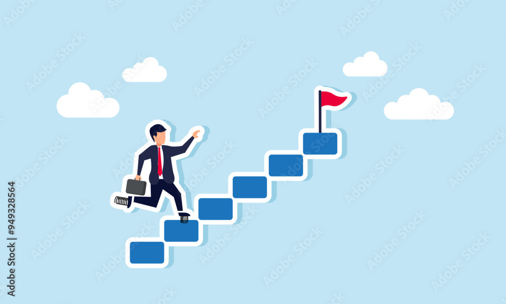 A businessman in spring shoes runs up steps to grab a flag, representing ambition and success, llustration concept of A businessman rapid push to reach goals or to become a leader in his industry A businessman in spring shoes runs up steps to grab a flag, representing ambition and success, llustration concept of A businessman rapid push to reach goals or to become a leader in his industry