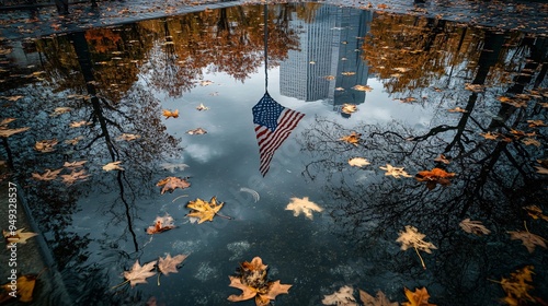 The American flag at Ground Zero reflecting in the memorial pool with autumn leaves floating on the water