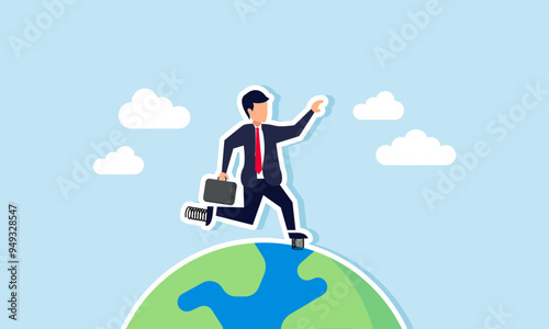 A businessman wearing spring loaded shoes racing around the globe, Illustration concept of Efforts to accelerate global expansion or introduce a business worldwide