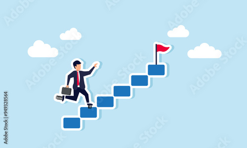 A businessman in spring shoes runs up steps to grab a flag, representing ambition and success, llustration concept of A businessman rapid push to reach goals or to become a leader in his industry