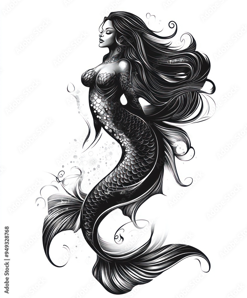 A stylized black and white illustration of a mermaid with flowing hair and scales. A stylized black and white illustration of a mermaid with flowing hair and scales.