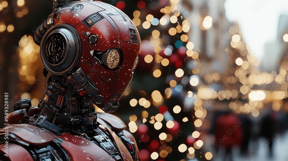 Cyberpunk Robot in Festive City Setting with Christmas Lights Cyberpunk Robot in Festive City Setting with Christmas Lights