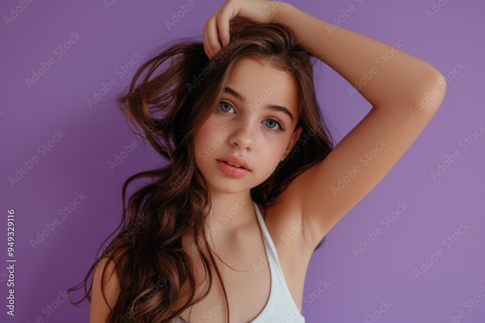 A person wearing a white tank top and having long brown hair, suitable for use in a variety of contexts including fashion, beauty, or lifestyle images