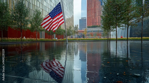 The American flag blowing in the breeze at Ground Zero Memorial with the Freedom Tower reflecting in the water