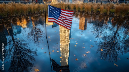 The American flag blowing in the breeze at Ground Zero Memorial with the Freedom Tower reflecting in the water