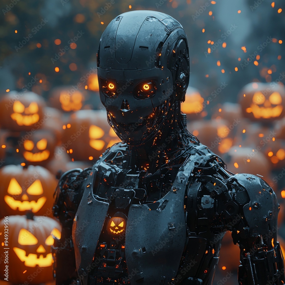 Naklejka premium Halloween Robot with Jack o Lantern Background