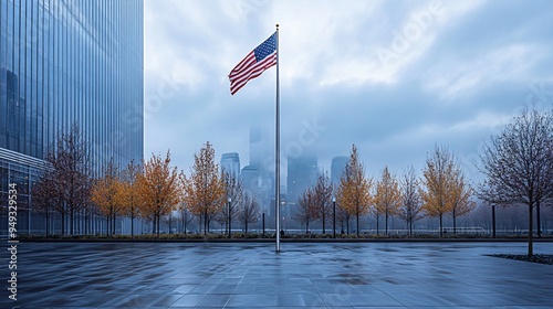 The American flag at half-mast at Ground Zero, symbolizing remembrance on a September day