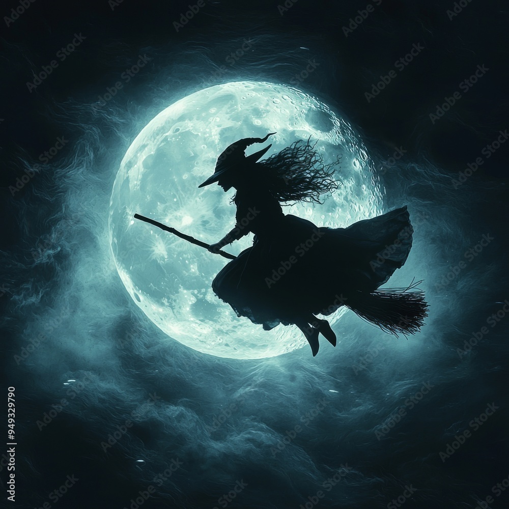 Fototapeta premium Silhouette of Witch Flying on Broom Under Full Moon