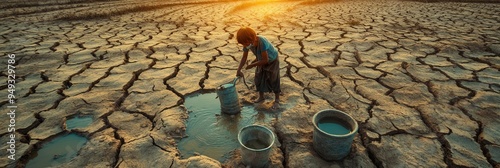 In a parched landscape, individuals with hollow expressions fill containers with dirty water from depleted wells as the sun sets. Generative AI