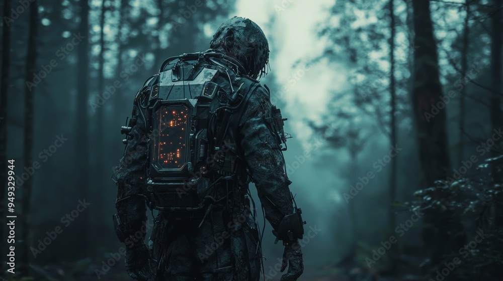 Cyborg in Foggy Forest Futuristic Sci Fi Concept Cyborg in Foggy Forest Futuristic Sci Fi Concept