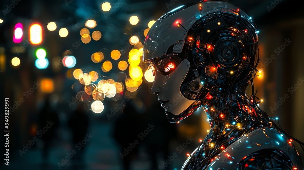 Futuristic Robot with Christmas Lights in City at Night Futuristic Robot with Christmas Lights in City at Night