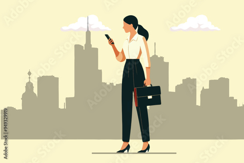 Illustration of a career woman making a telephone call with her business partner in the middle of the city